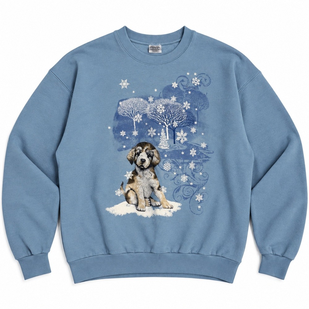 Vtg 90s Jerzees Sky Blue Winter Puppy Snowflake Sweatshirt M Ugly sweater Xmas